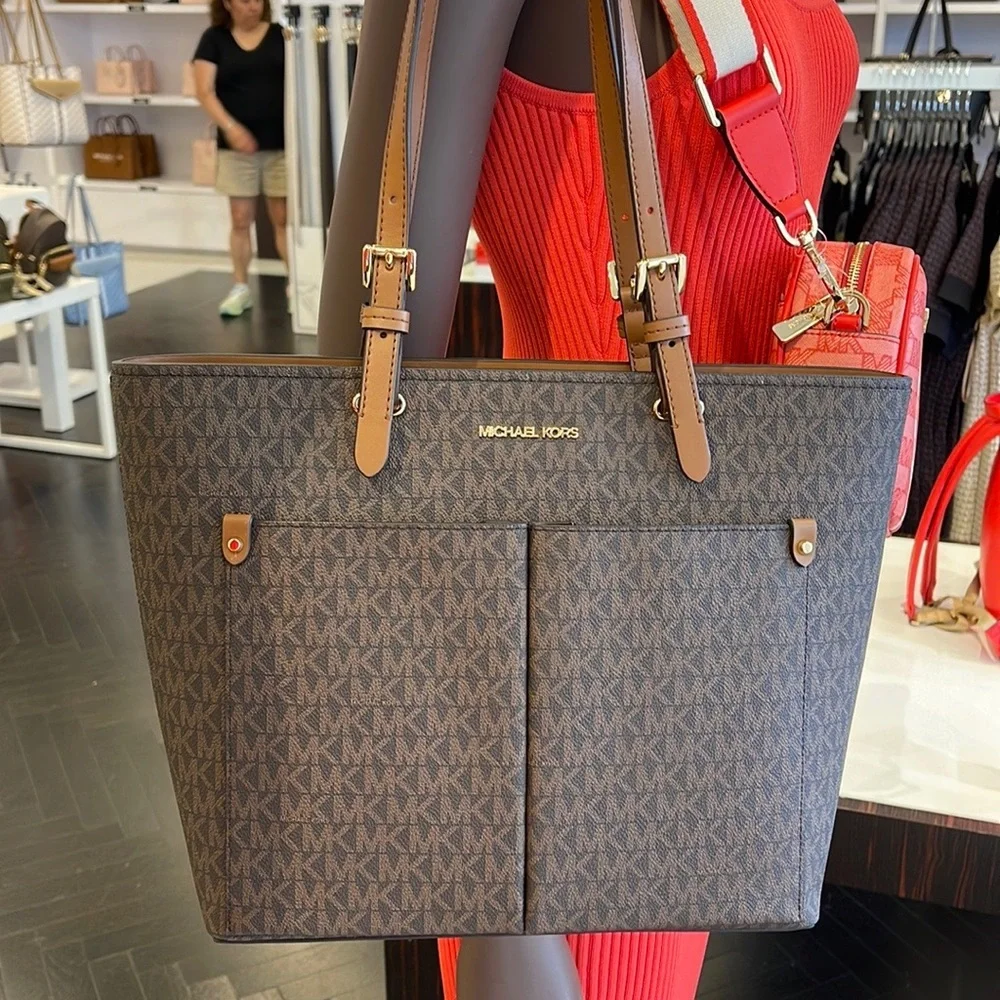 MICHAEL KORS JET SET TRAVEL MEDIUM DOUBLE POCKET TOTE BROWN SIGNATURE NWT